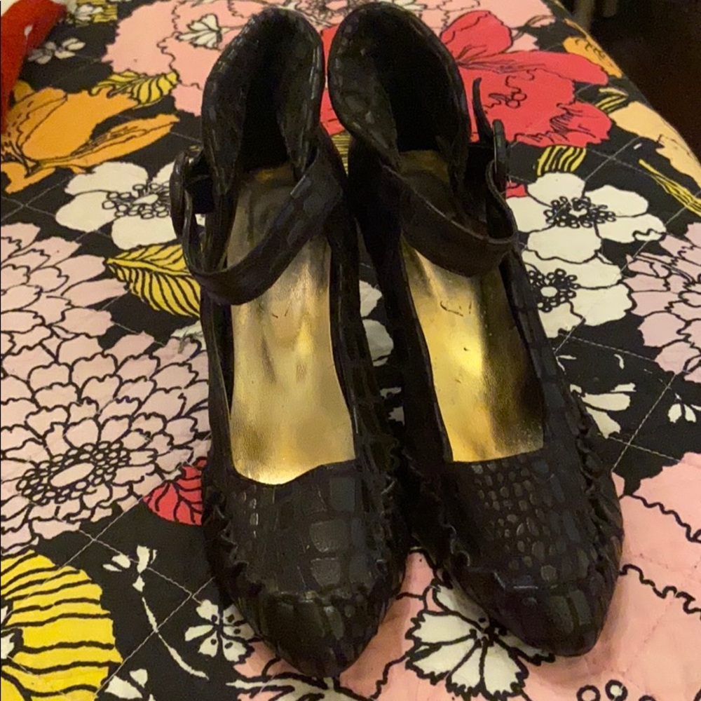 Black Animal Print Suede Pumps with Ankle Straps
